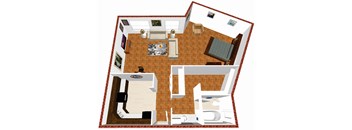 A 3D rendered image of a house layout.