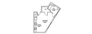 A floor plan of a home with a living room, kitchen, and bath.