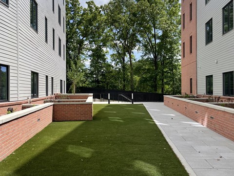 A grassy courtyard is surrounded by two buildings.