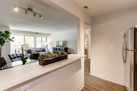 A kitchen with a white counter and a refrigerator.