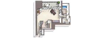 A floor plan of a house with a kitchen, living room, and bathroom.
