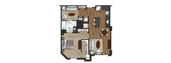 A floor plan of a house with a living room, kitchen, and two bedrooms.