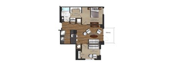 A floor plan of a house with a living room, kitchen, and two bedrooms.