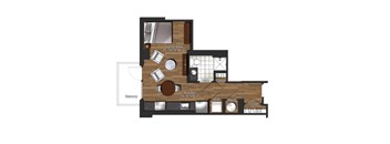 A floor plan of a house with a living area, kitchen, and bathroom.