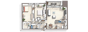 A floor plan of a house with a kitchen, living room, and two bedrooms.