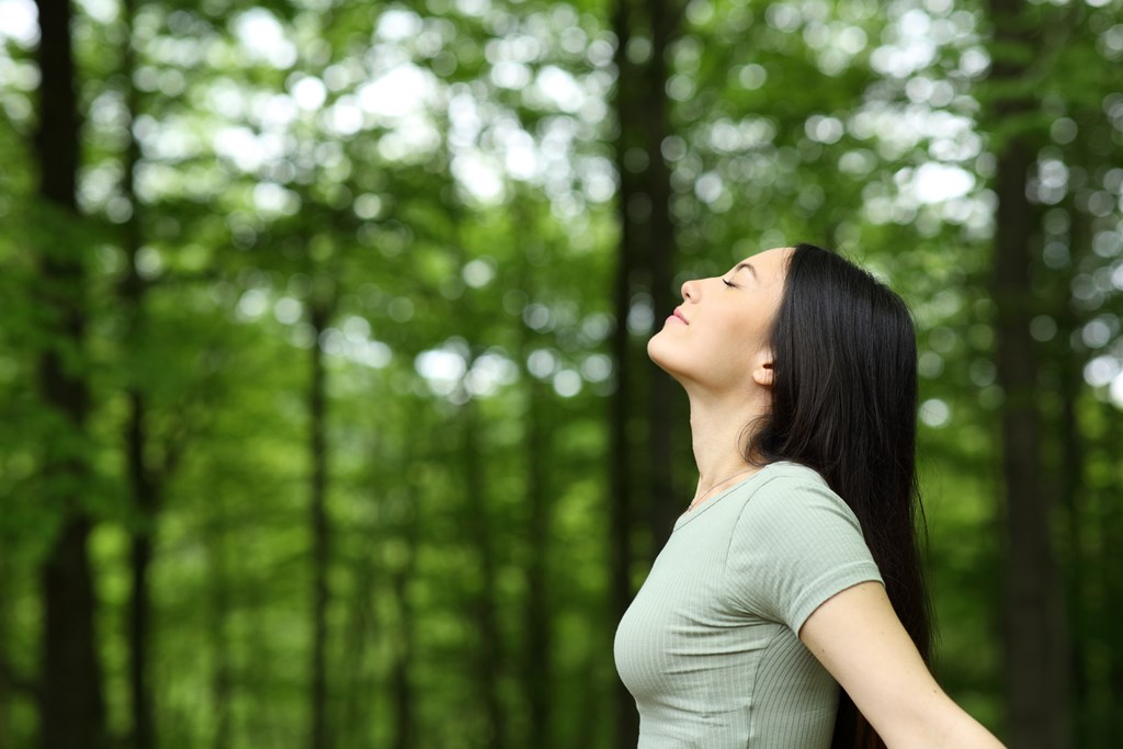 A woman with long black hair is standing in a forest.