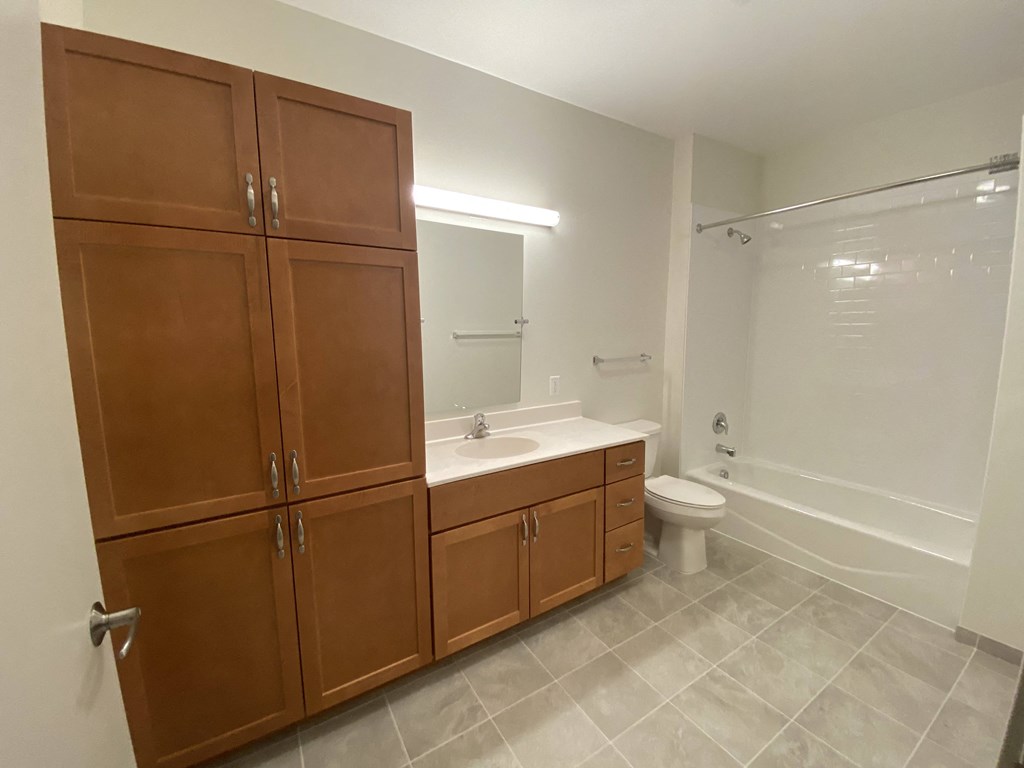 a bathroom with wooden cabinets and a toilet and a sink