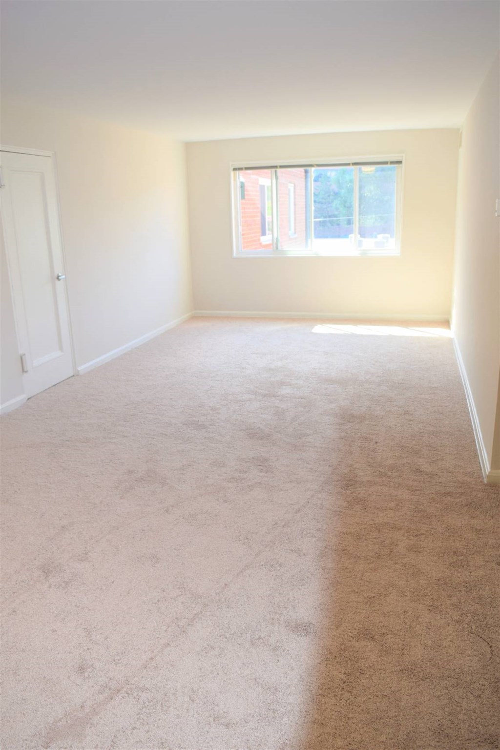 A room with a carpeted floor and a window letting in light.