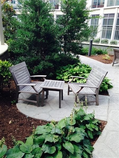 Two chairs and a table are in a garden.