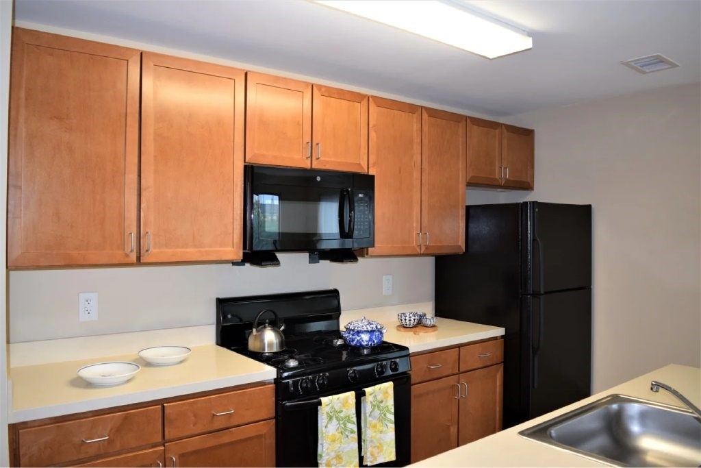 A kitchen with black appliances and wooden cabinets.