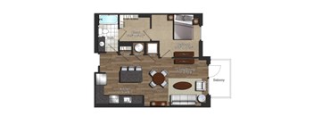 A floor plan of a house with a living room, dining room, kitchen, and two bedrooms.