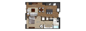 A floor plan of a house with a living room, kitchen, two bedrooms, and a bathroom.