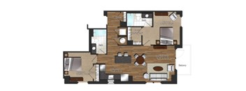 A floor plan of a house with a living room, dining room, kitchen, and two bathrooms.
