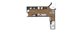 A floor plan of a house with a kitchen, living area, and bathroom.