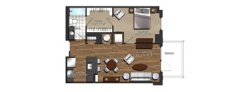 A floor plan of a house with a living room, dining room, kitchen, and two bedrooms.