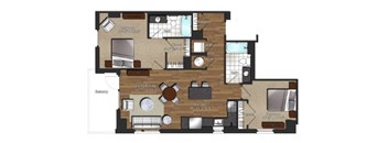 A floor plan of a house with a living room, dining room, kitchen, and two bedrooms.