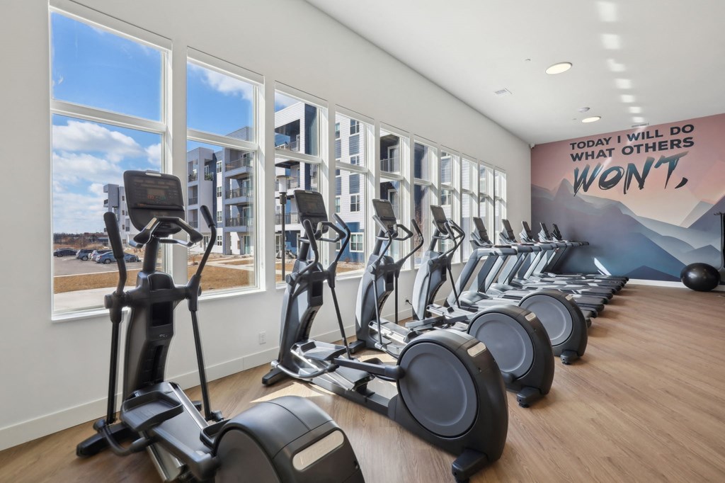A gym with a row of treadmills and elliptical machines.
