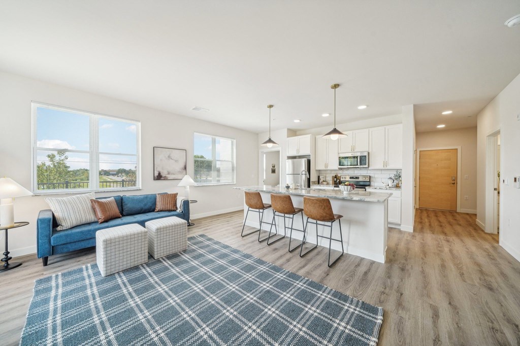 a living room with a kitchen and a blue rug