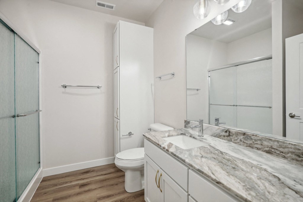 a bathroom with a sink and a shower and a toilet