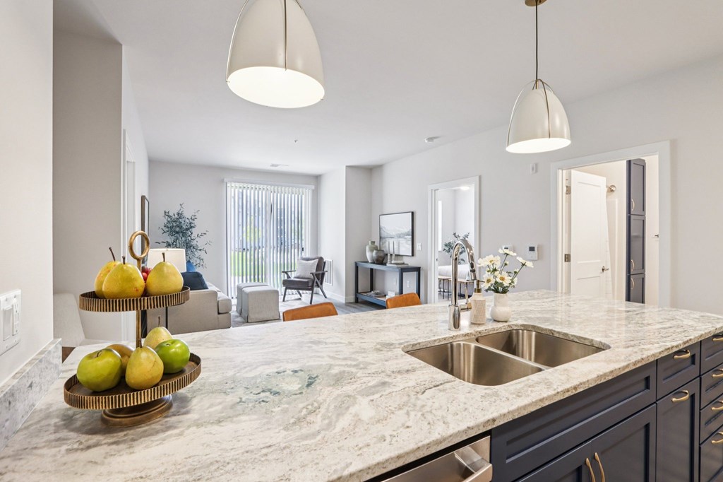 A kitchen with a marble countertop and a fruit bowl on it.