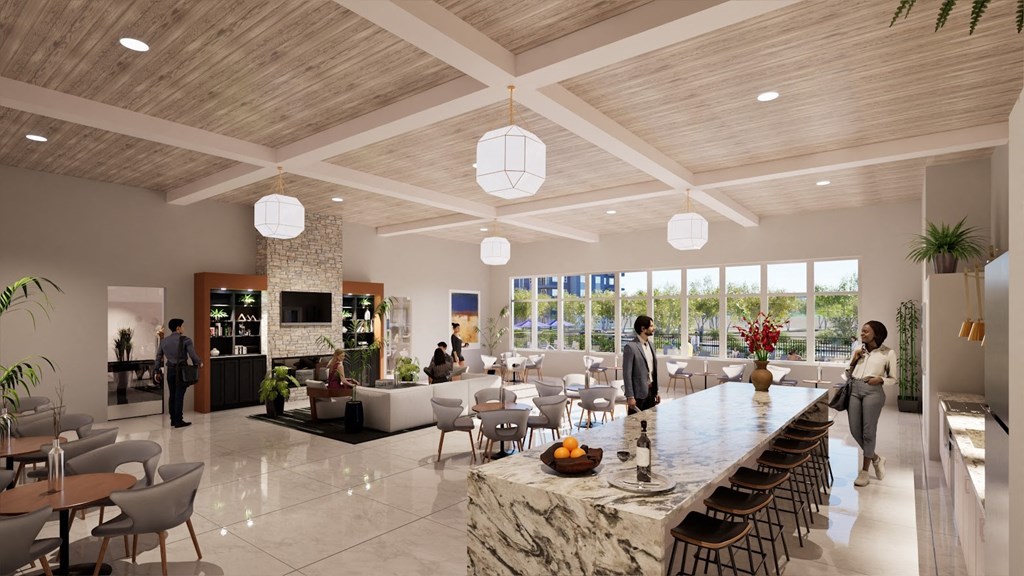 a rendering of a lobby with a bar and tables