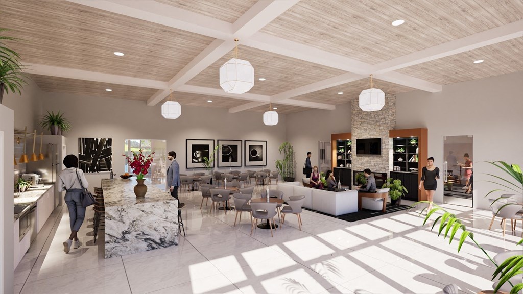 a rendering of a lobby with tables and chairs