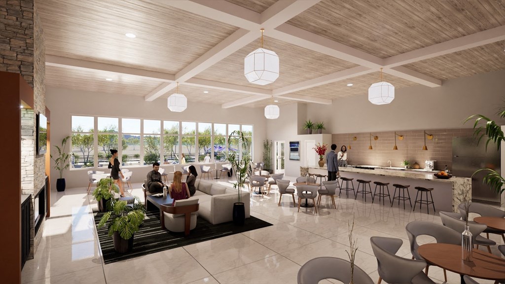 a rendering of a lobby with people in it