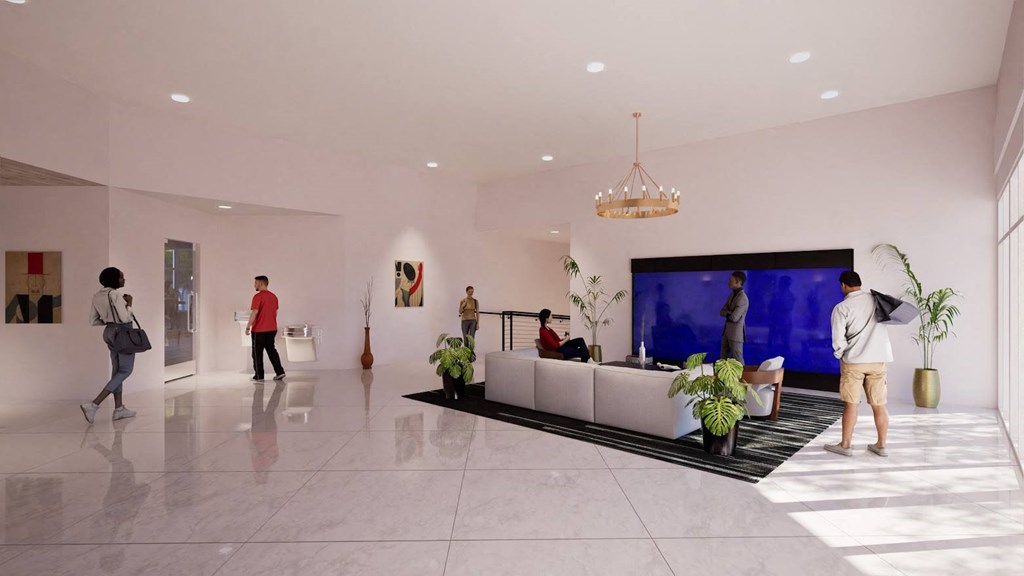 the lobby or reception area of a hotel with people walking around