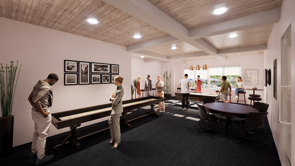a group of people playing shuffleboard in a room with tables