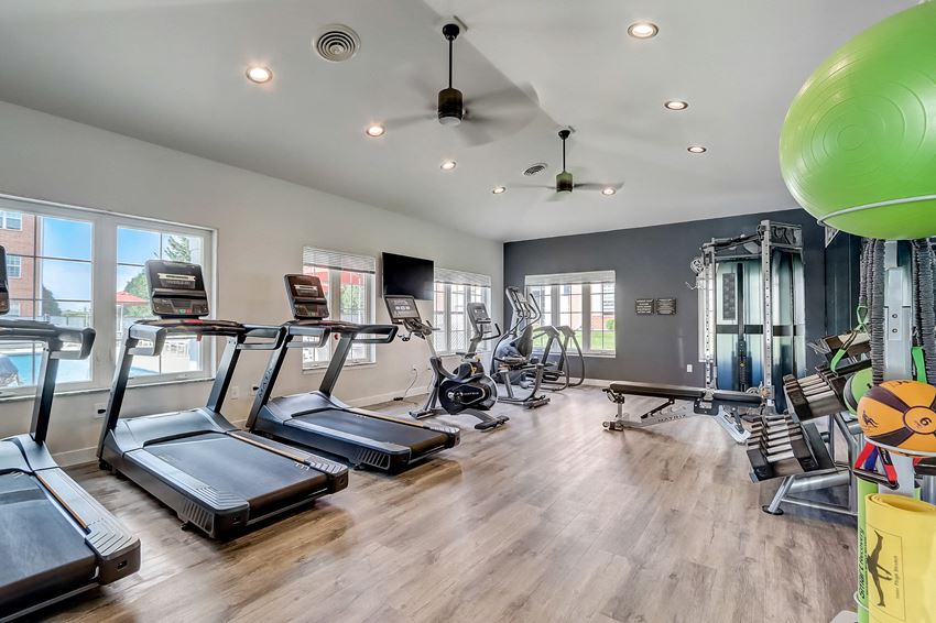 a gym with cardio machines and weights and a green ball