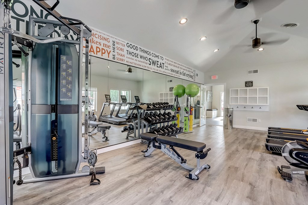 the preserve at ballantyne commons fitness room with weights and cardio equipment
