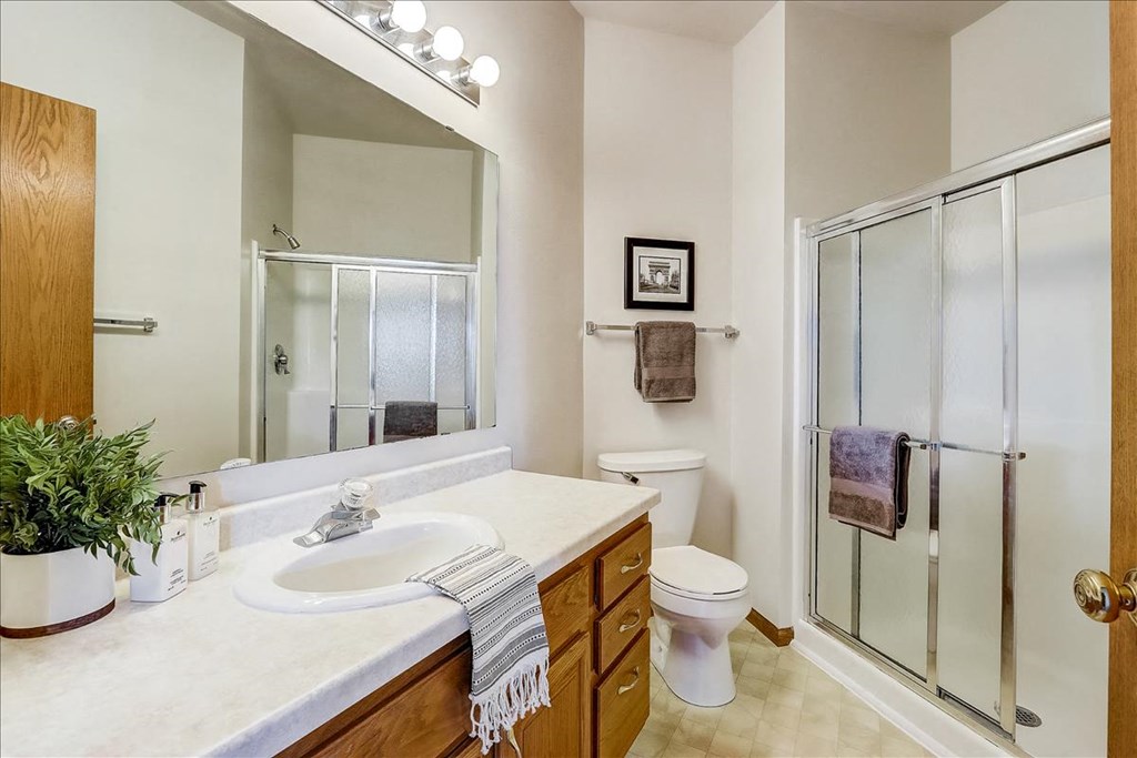 a bathroom with a sink and a shower and a toilet