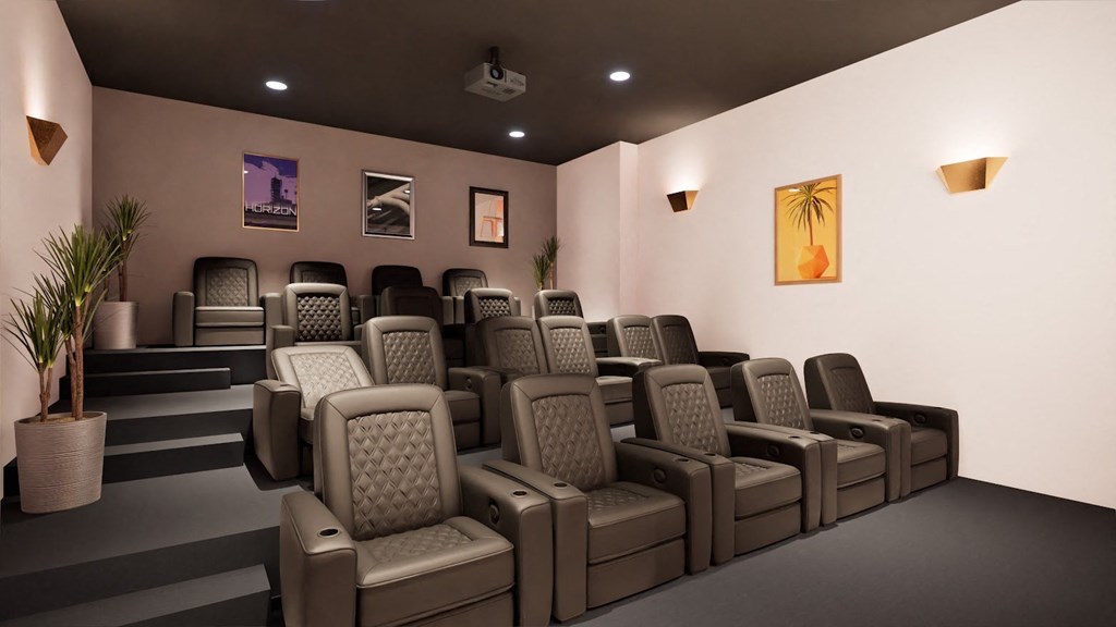 the screening room is equipped with cinema seats and chairs