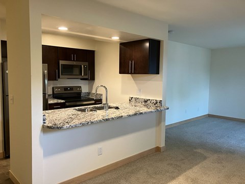 A kitchen with granite countertops and dark brown cabinets.