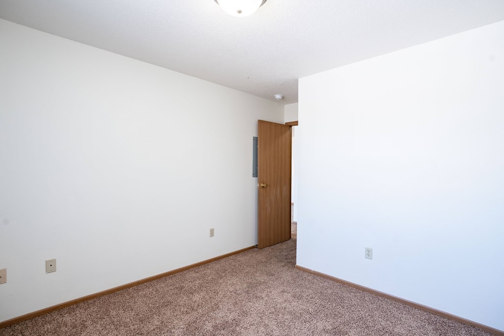 A room with a brown carpet and a brown door.