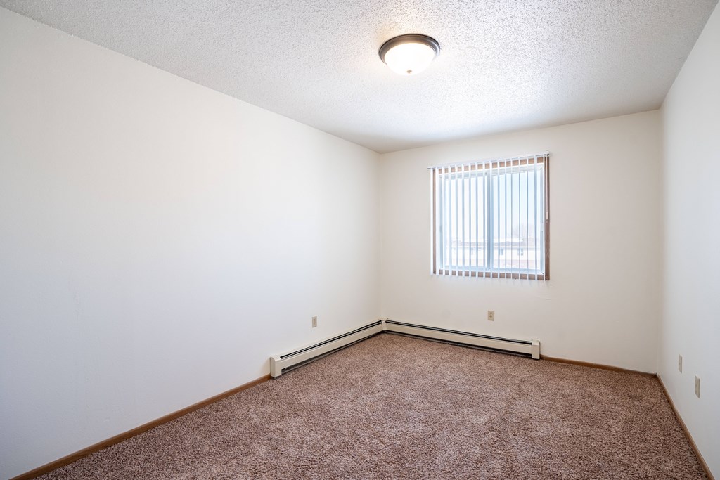 A room with a window and a carpeted floor.