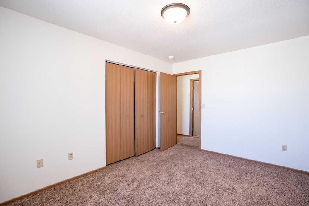 A room with a carpeted floor and a white wall with a brown door and a brown wardrobe.