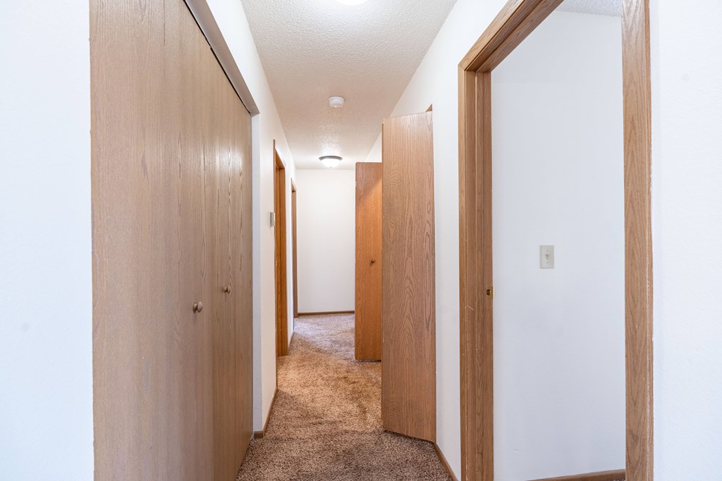 A hallway with wooden doors and carpeted floor.