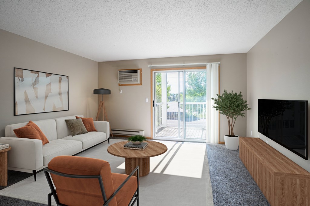 A living room with a white couch, a brown chair, and a television.