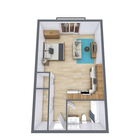 A top-down view of a small apartment with a bed, a couch, a desk, and a chair.