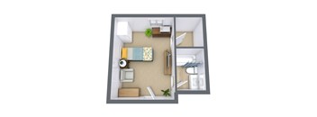 A top-down view of a small, neatly arranged bedroom with a bed, chair, and desk.