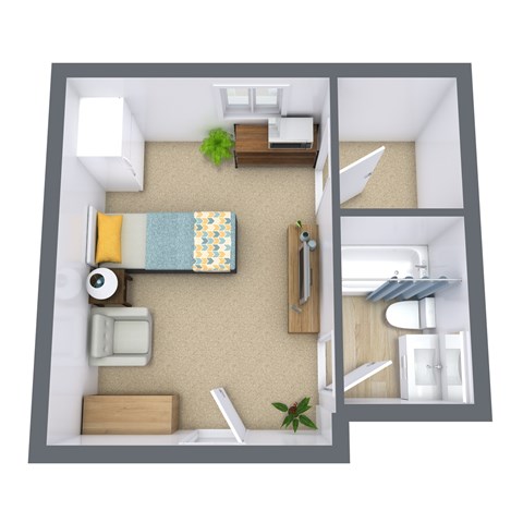 A top-down view of a small, neatly arranged bedroom with a bed, chair, and desk.