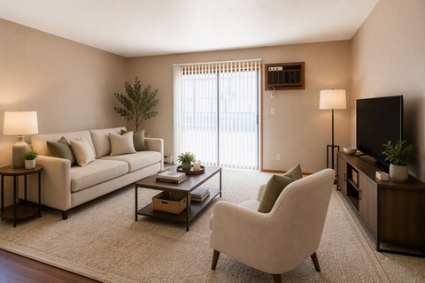 A living room with a white sofa, a white chair, a coffee table, and a flat screen TV.