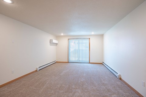 A spacious room with a carpeted floor and a window with blinds. Cherry Creek Apartments