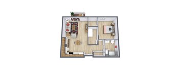 A top-down view of a modern apartment layout with a kitchen, living room, and bedroom.