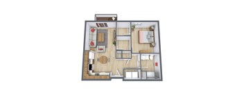 A top-down view of a small apartment with a kitchen, living room, and bedroom.