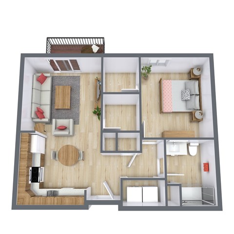 A top-down view of a small apartment with a kitchen, living room, and bedroom.