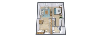 A 3D floor plan of a small apartment with a living room, kitchen, and bathroom.