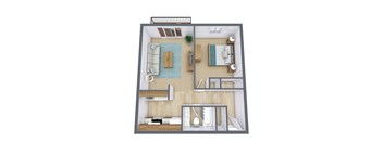 A 3D floor plan of a small apartment with a living room, kitchen, and bedroom.