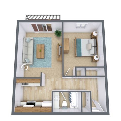 A 3D floor plan of a small apartment with a living room, kitchen, and bedroom.